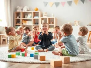 Dzieci siedzą w kółku na dywanie, klaszczą i śmieją się podczas zabawy w wyliczanki w przytulnej sali zabaw.