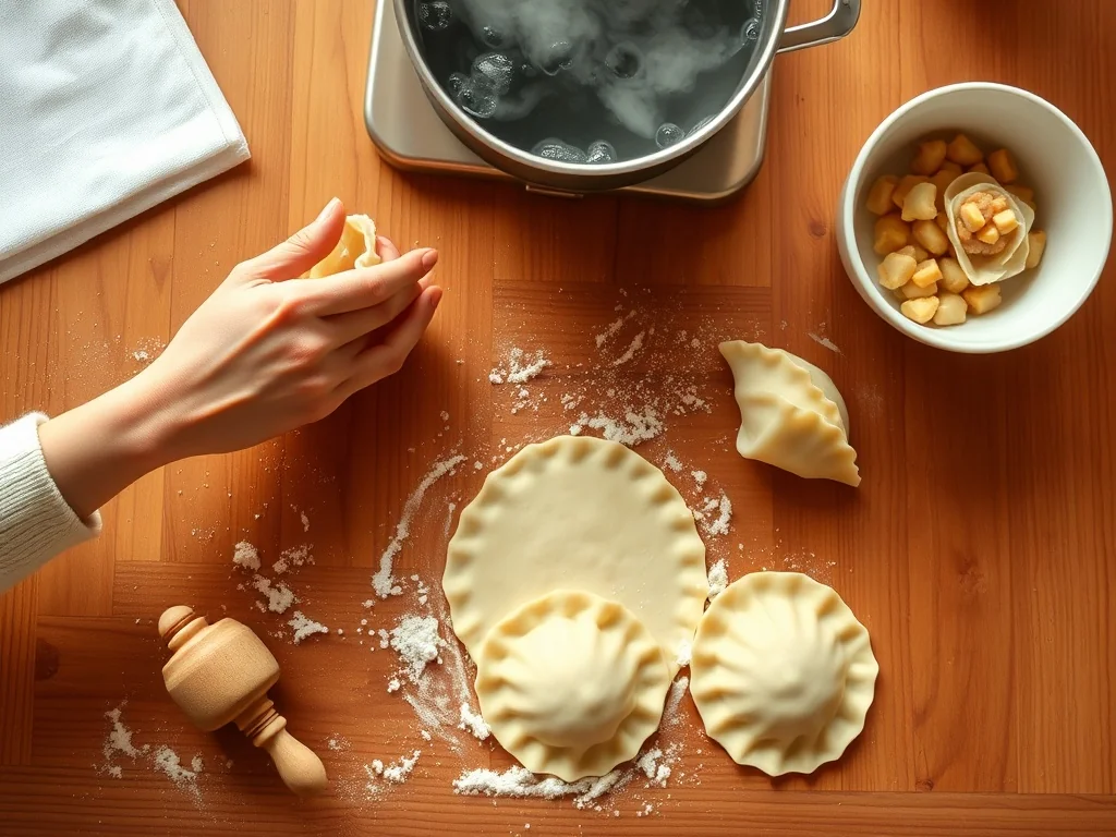 Ręce sklejają brzegi surowego pieroga na oprószonym mąką blacie, obok gotowe pierogi i garnek z parującą wodą.