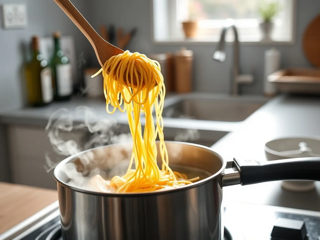 Drewniana łyżka wyciąga sklejony makaron spaghetti z garnka, w tle przygotowania do prawidłowego odcedzenia makaronu.