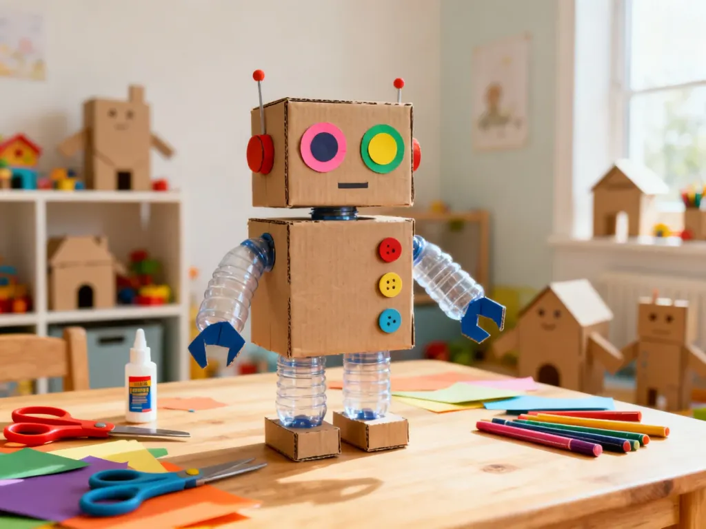 Kartonowy robot z butelkowymi ramionami na stole z przyborami plastycznymi, w tle przytulny dziecięcy pokój z zabawkami.