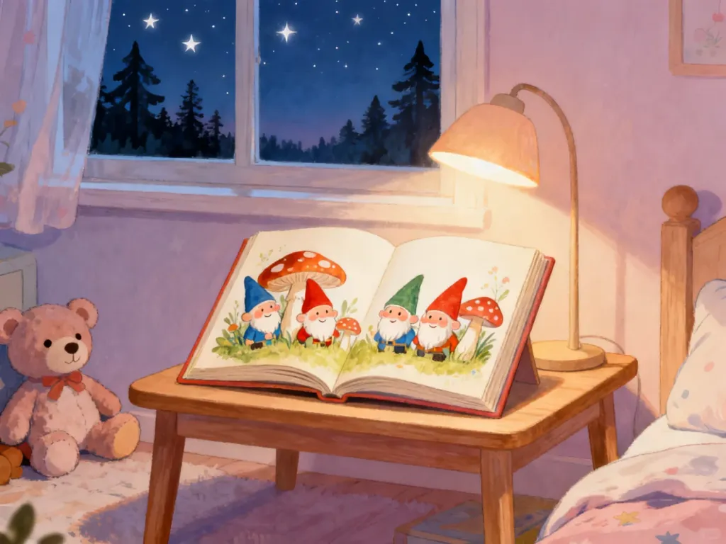 Przytulny pokój dziecięcy z otwartą książką z ilustracjami krasnoludków, tworzący magiczną atmosferę do czytania bajek.