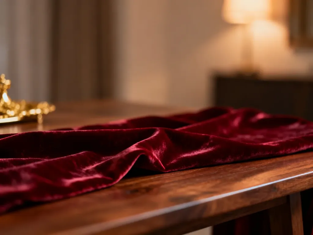 Elegancka tkanina w kolorze burgundu ułożona na drewnianym stole, podkreślająca głębię i szlachetność tej barwy.