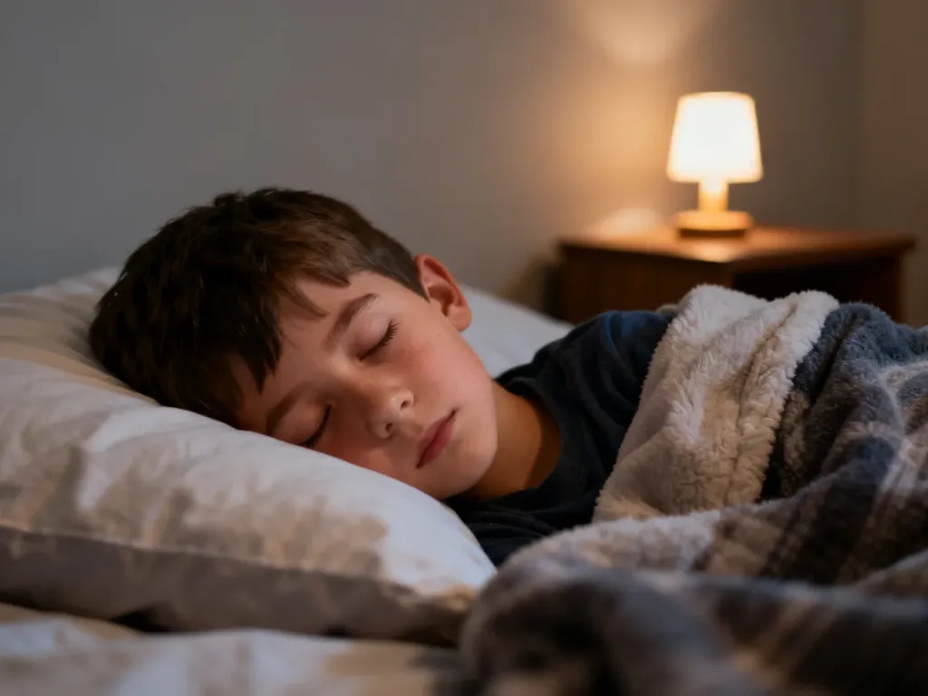 Spokojnie śpiące 7‑letnie dziecko w łóżku, ciepłe oświetlenie nocnej lampki podkreśla bezpieczną, wyciszoną atmosferę.