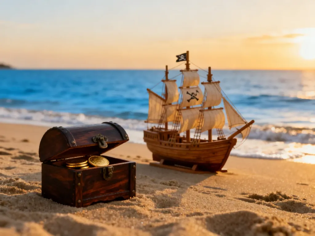Drewniany statek piracki i otwarta skrzynia ze skarbami na piaszczystej plaży o zachodzie słońca.