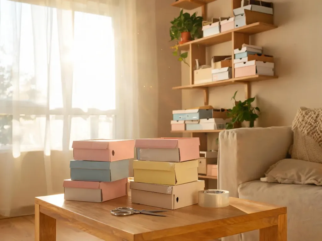 Przytulny salon, na stole kolorowe pudełka po butach przerabiane na organizery DIY, w tle półki z pudełkami jako storage.