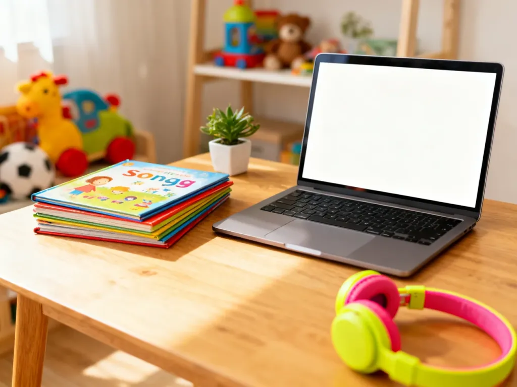 Laptop na biurku obok kolorowych śpiewników i dziecięcych słuchawek, symbolizujący szukanie starych piosenek dla dzieci online.