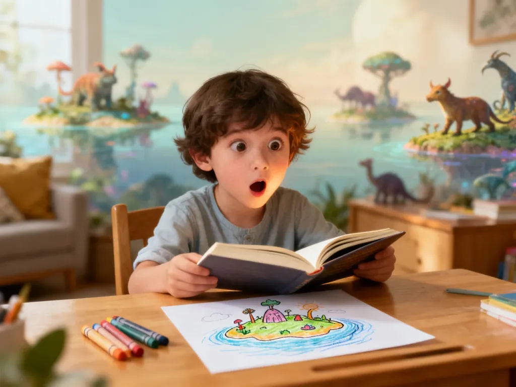Dziecko z zaciekawieniem czyta książkę przy biurku, wyobrażając sobie magiczne wyspy pełne fantastycznych stworzeń.