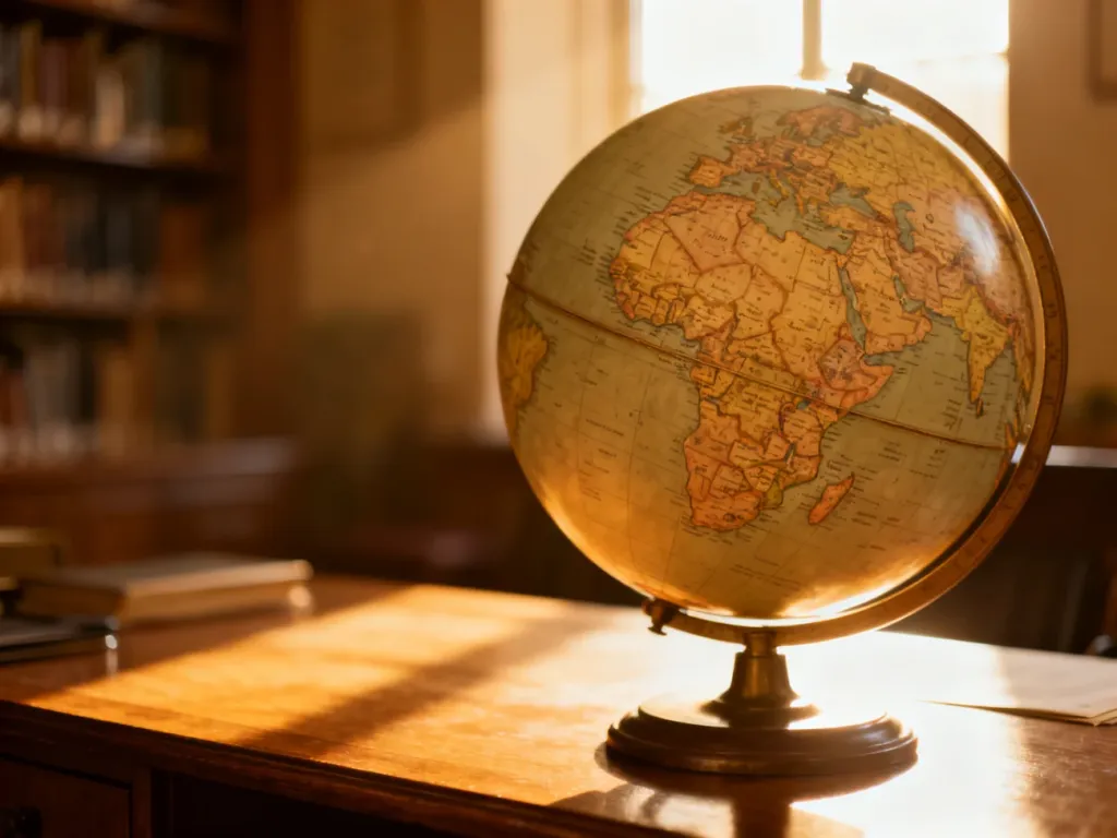 Zabytkowy globus na drewnianym biurku w przytulnej bibliotece, symbolizujący geografię świata.