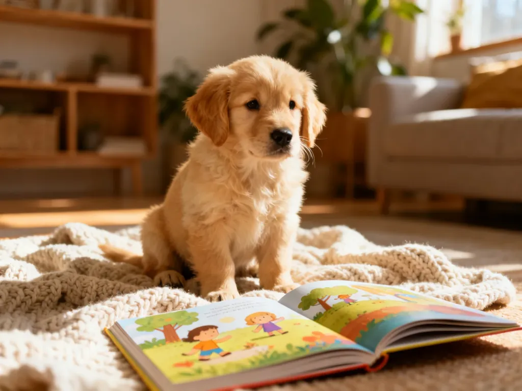 Puszysty szczeniak golden retriever siedzący na miękkim kocu obok otwartej książki z bajkami dla dzieci.
