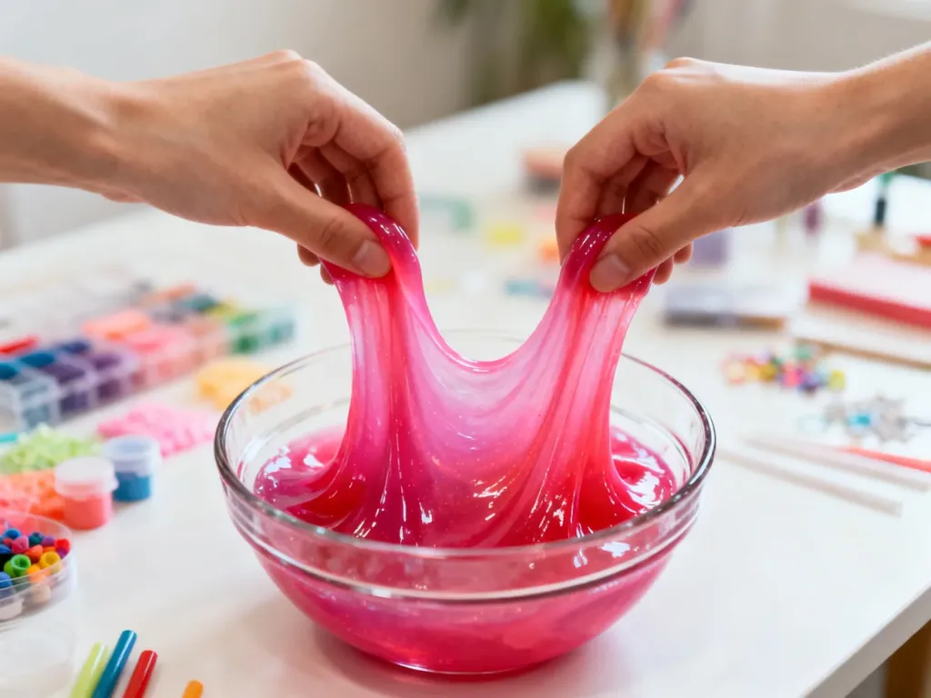 Dłonie rozciągające błyszczący, przezroczysty slime w szklanej misce na tle uporządkowanych przyborów plastycznych.