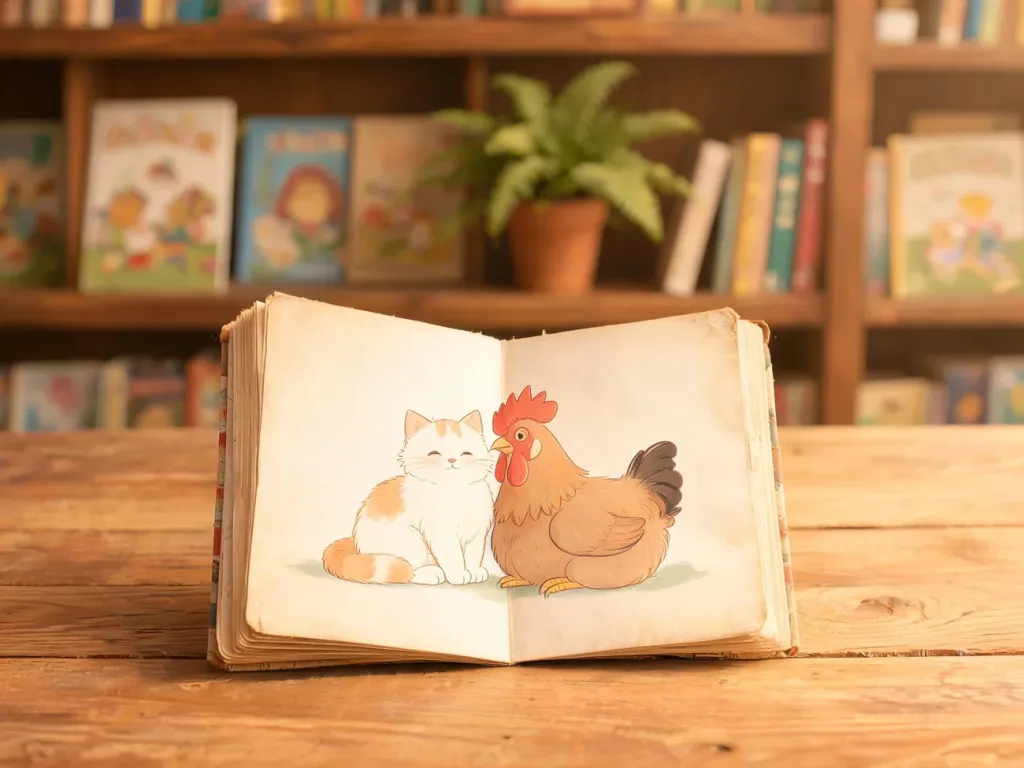 Otwarta stara książka z ilustracją kotka i kogutka na stole, w ciepłym, nostalgicznym świetle, na tle półki z książkami.