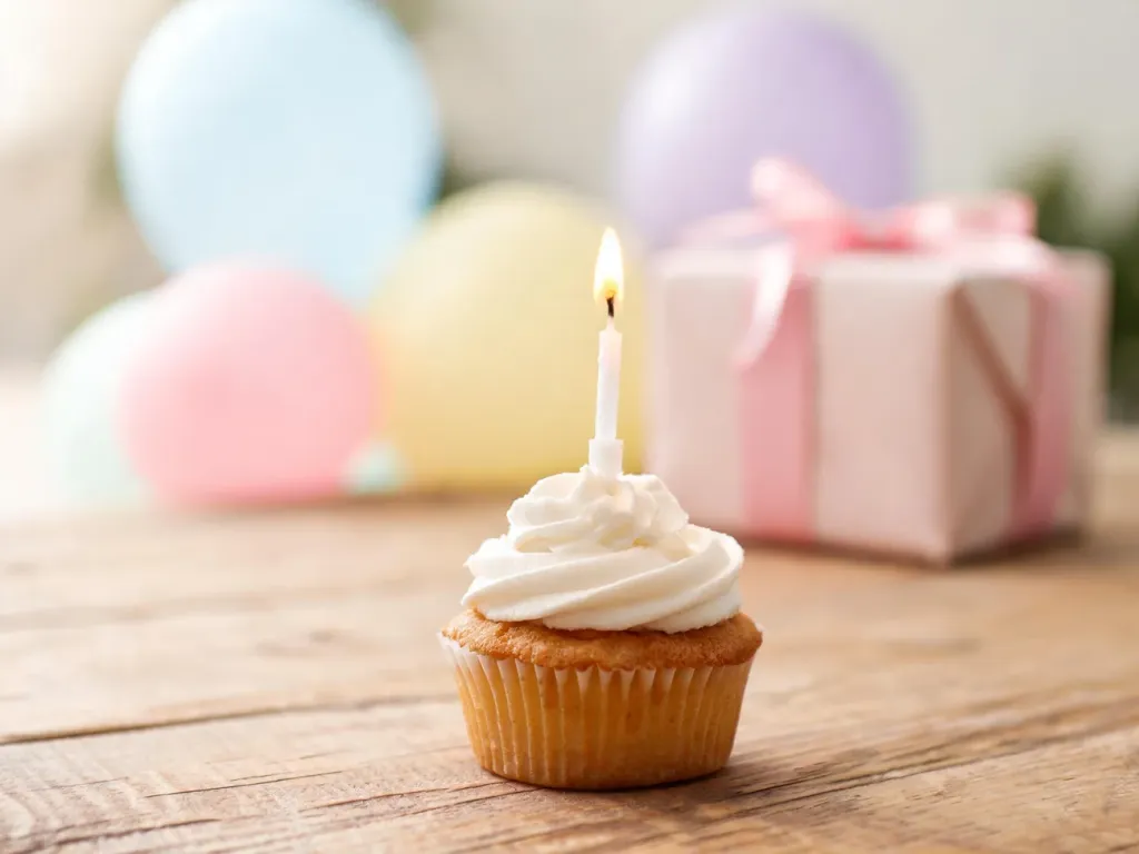 Elegancka babeczka urodzinowa z zapaloną świeczką na tle pastelowych balonów i prezentu, w ciepłej, radosnej atmosferze.