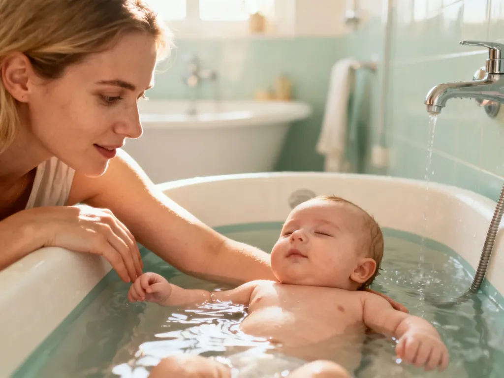 Mama sprawdza łokciem temperaturę wody w wanience przed kąpielą noworodka w przytulnej łazience.