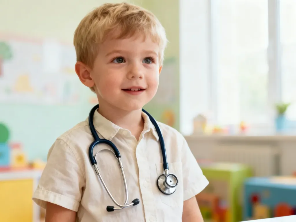 Lekarz osłuchujący stetoskopem klatkę piersiową dziecka podczas wizyty w gabinecie pediatrycznym.