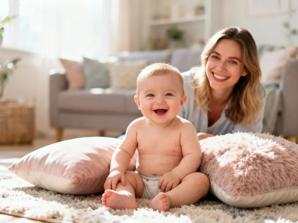 Niemowlę siedzące na miękkim dywanie z podparciem z poduszek, a w tle uśmiechnięta mama obserwująca dziecko.