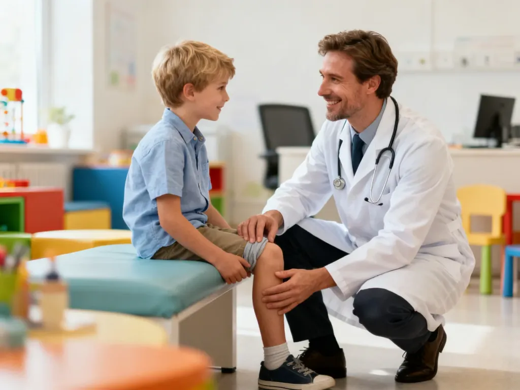 Lekarz ortopeda podczas przyjaznej wizyty kontrolnej bada nogę małego pacjenta w nowoczesnym gabinecie pediatrycznym.
