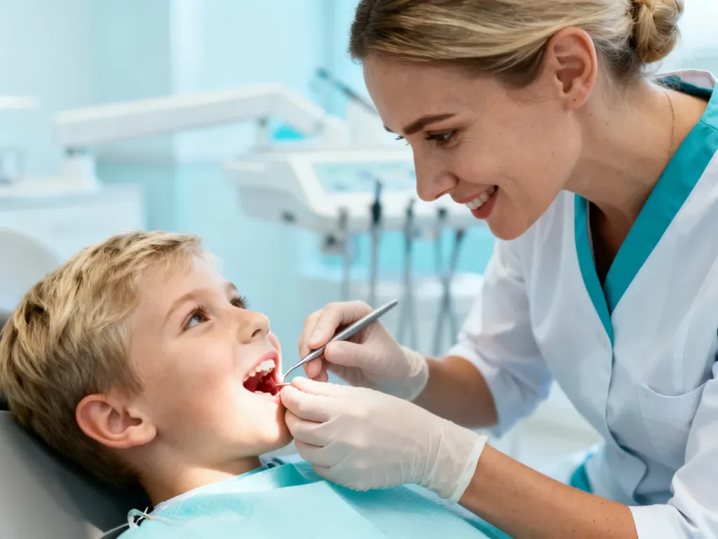 Dentystka delikatnie bada jamę ustną dziecka w nowoczesnym gabinecie stomatologicznym.